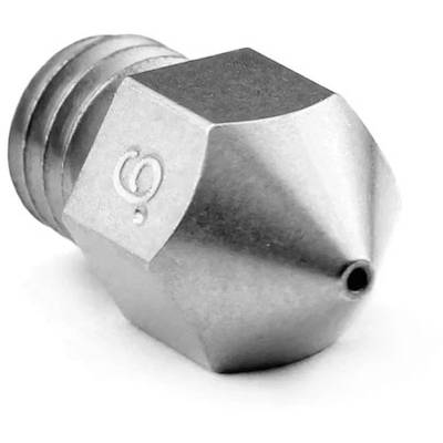 Eine Metall-3D-Druckerdüse in Nahaufnahme, konisch zulaufend mit einer umlaufenden Nut und kleinem Loch an der Spitze, auf weißem Hintergrund.