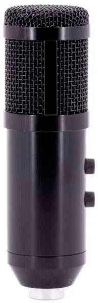 Ein schwarzes, zylindrisches Mikrofon mit zwei Reglern an der Seite, geeignet für Gesangs- oder Instrumentenaufnahmen.