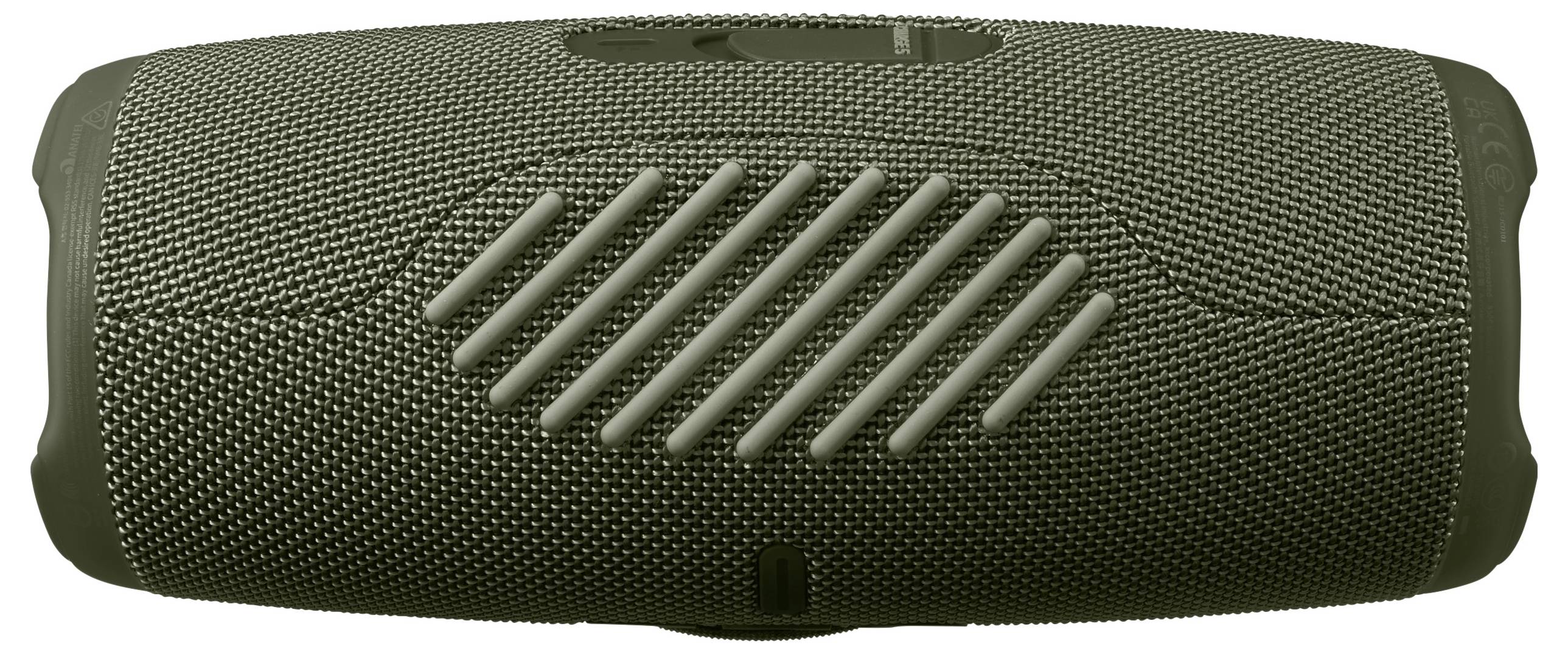 Tragbarer, drahtloser Lautsprecher mit grauer Stoffoberfläche. Design mit rautenförmigem Gitter in der Mitte. Ideal für Musik unterwegs.