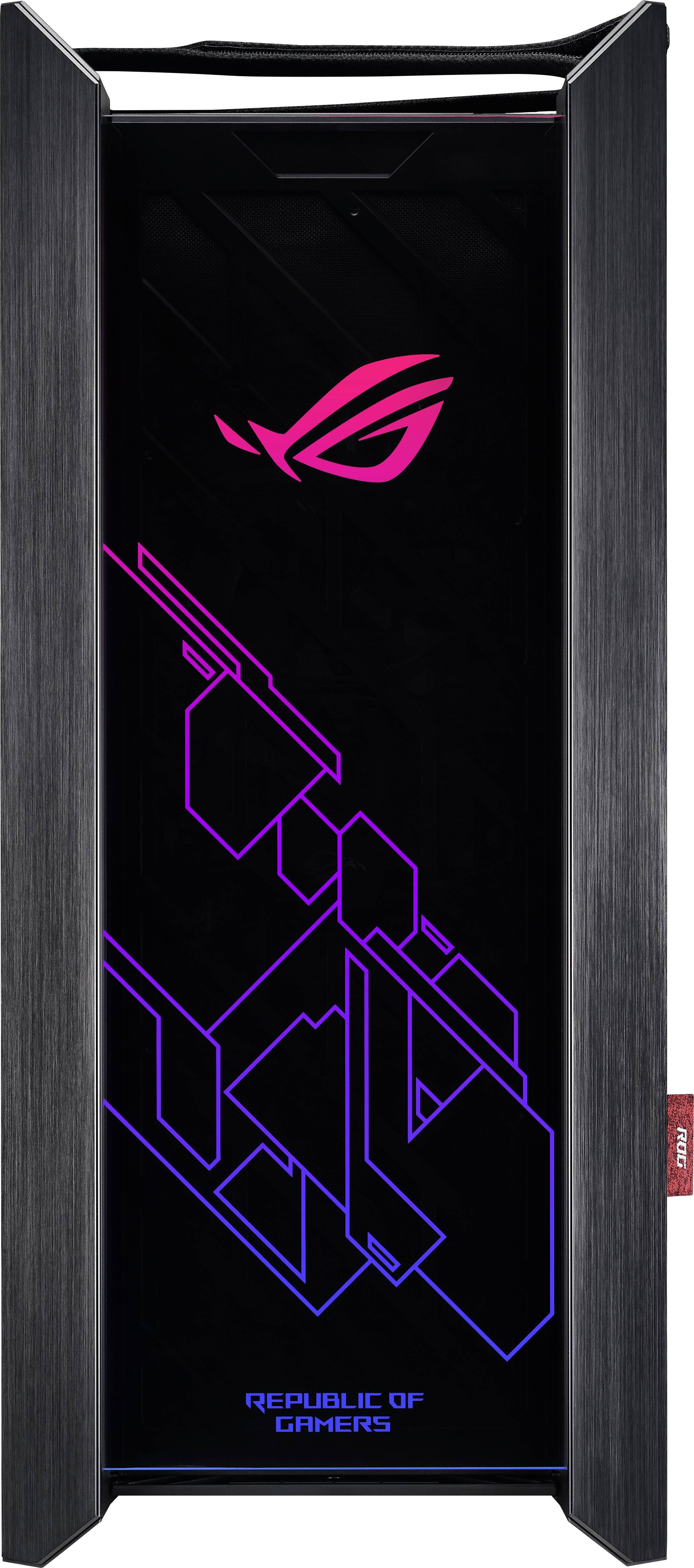 Ein futuristisches Computergehäuse mit leuchtendem Logo und geometrischen Mustern in Pink und Blau auf einem schwarzen Hintergrund.
