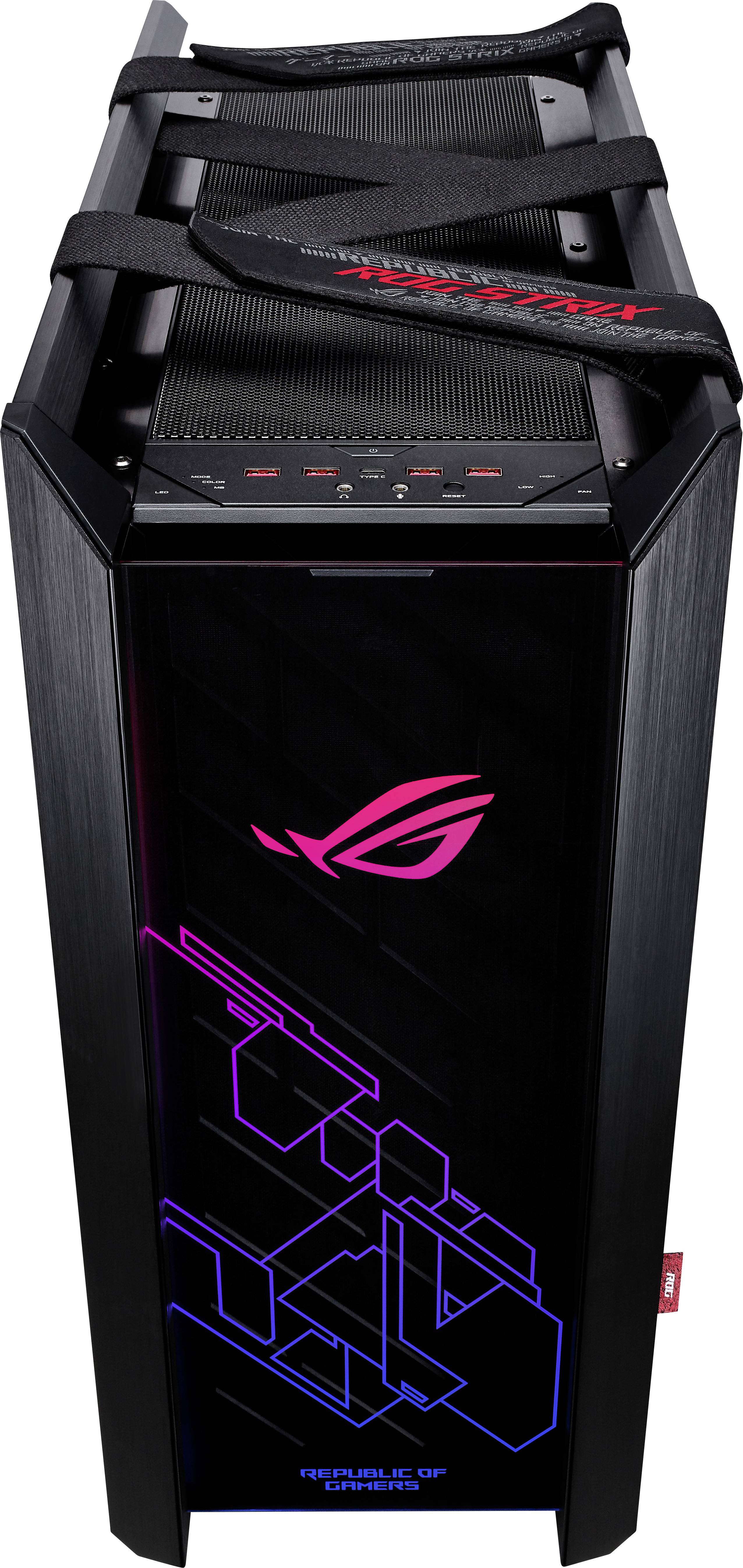 Ein Computergehäuse mit einem futuristischen Design und dem Logo 'Republic of Gamers' in Pink und Blau auf der Vorderseite.