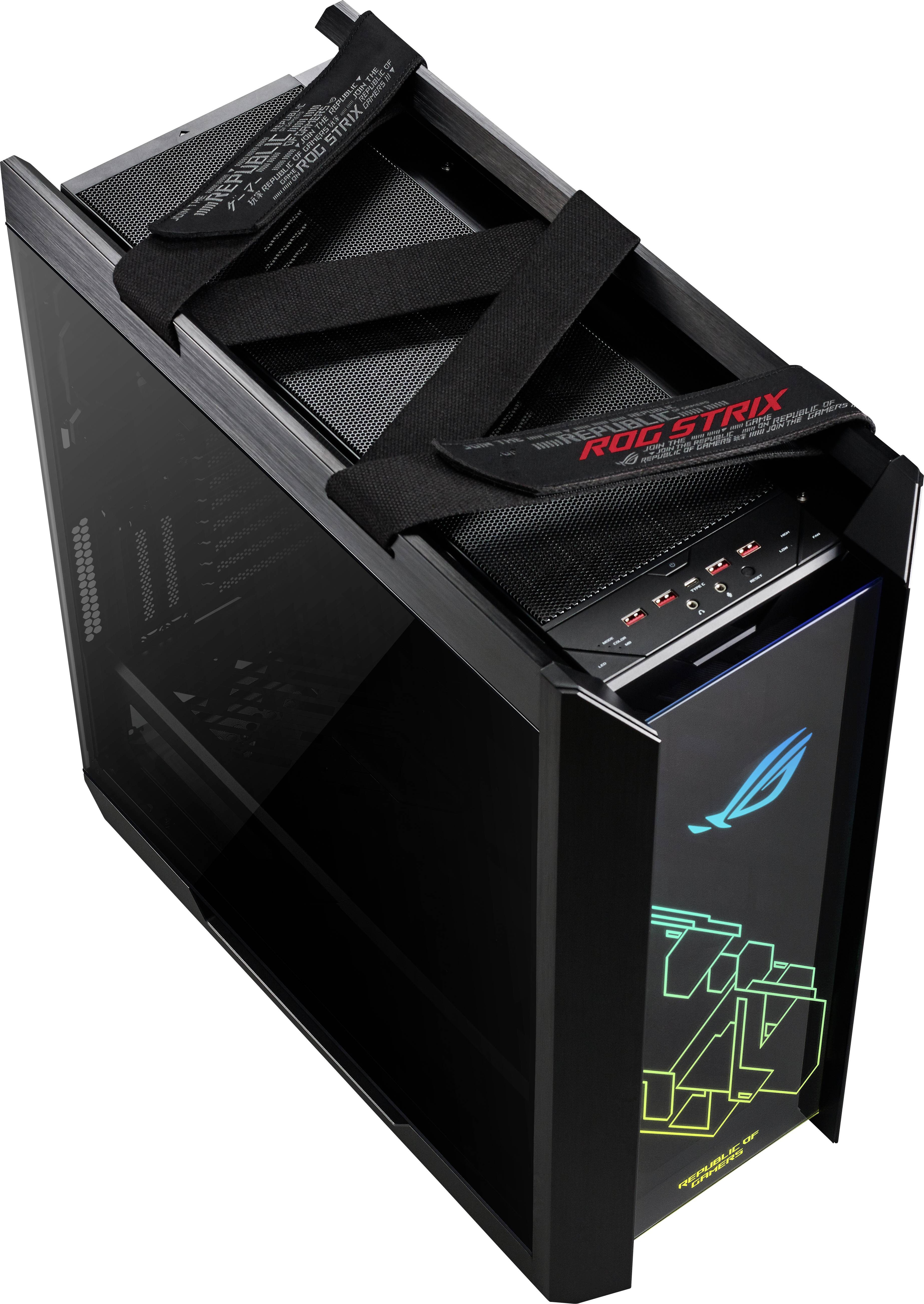 Schwarzes PC-Gehäuse mit Glasfenster, Markenaufdruck 'ROG STRIX', beleuchtetes Logo und geometrisches Muster auf der Vorderseite.