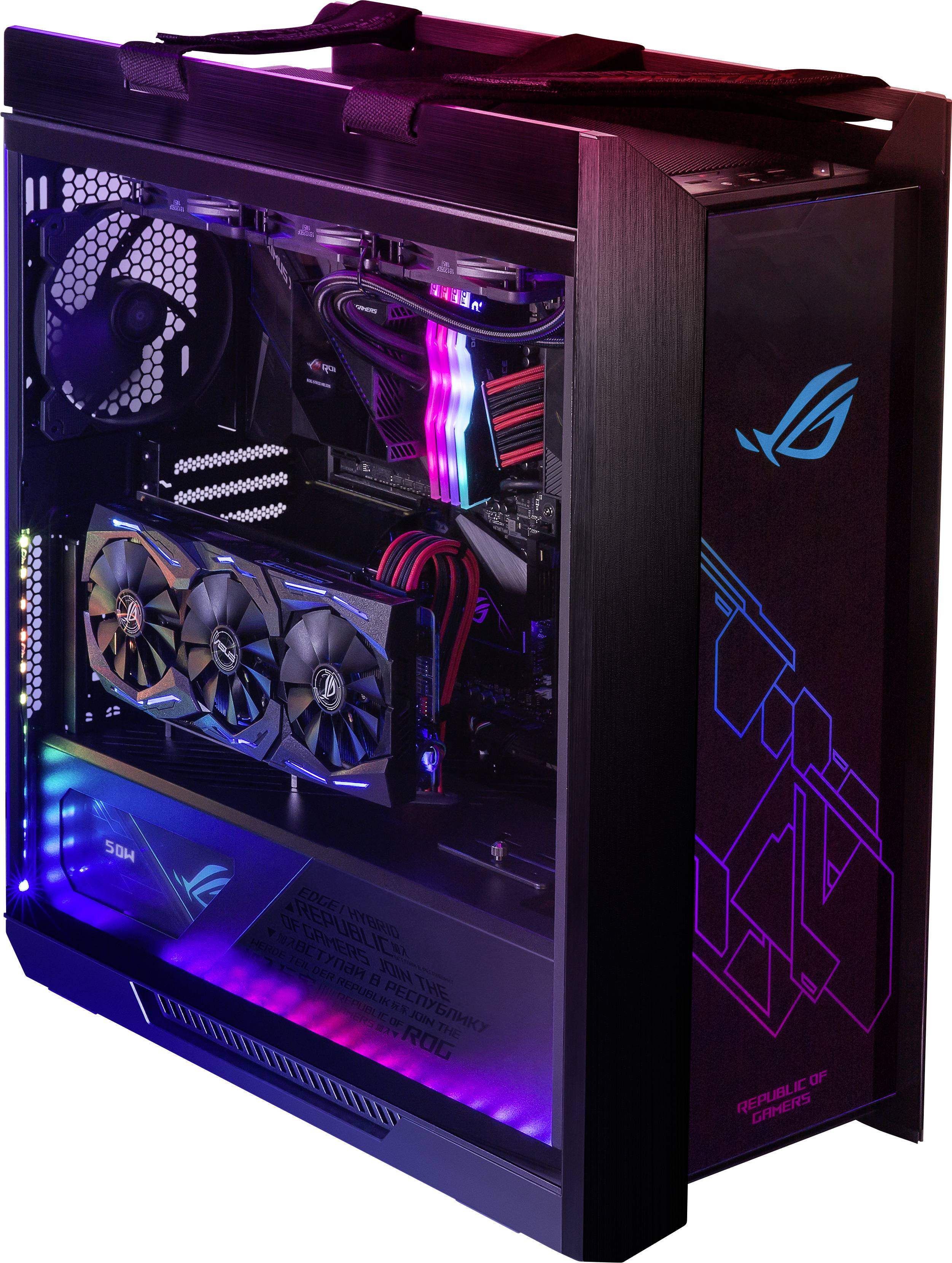 Gaming-PC mit beleuchtetem Gehäuse und sichtbaren Komponenten wie Grafikkarte und Lüfter. LED-Leuchten erzeugen farbige Akzente.