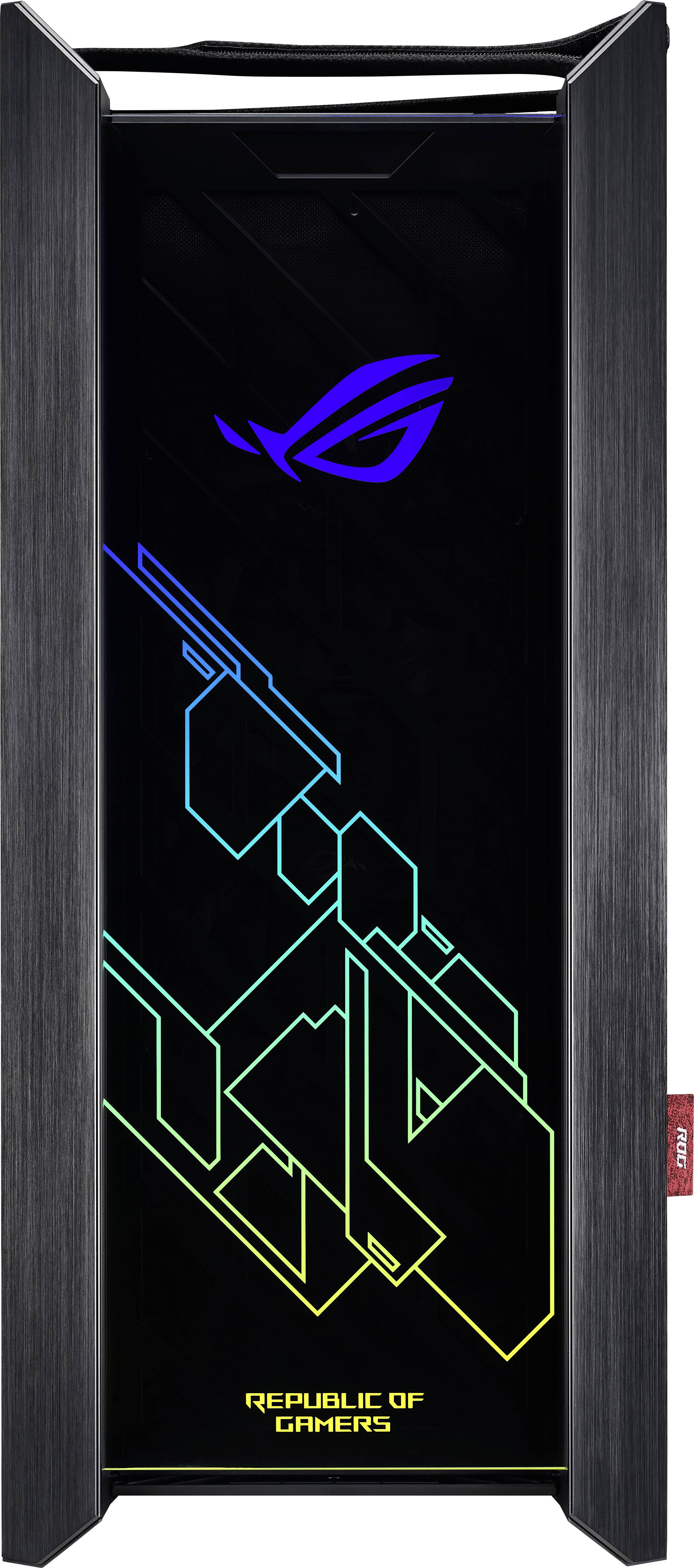 Schwarzes Computergehäuse mit farbigem geometrischem Design vorne. Oben das Logo, unten der Text 'Republic of Gamers'.