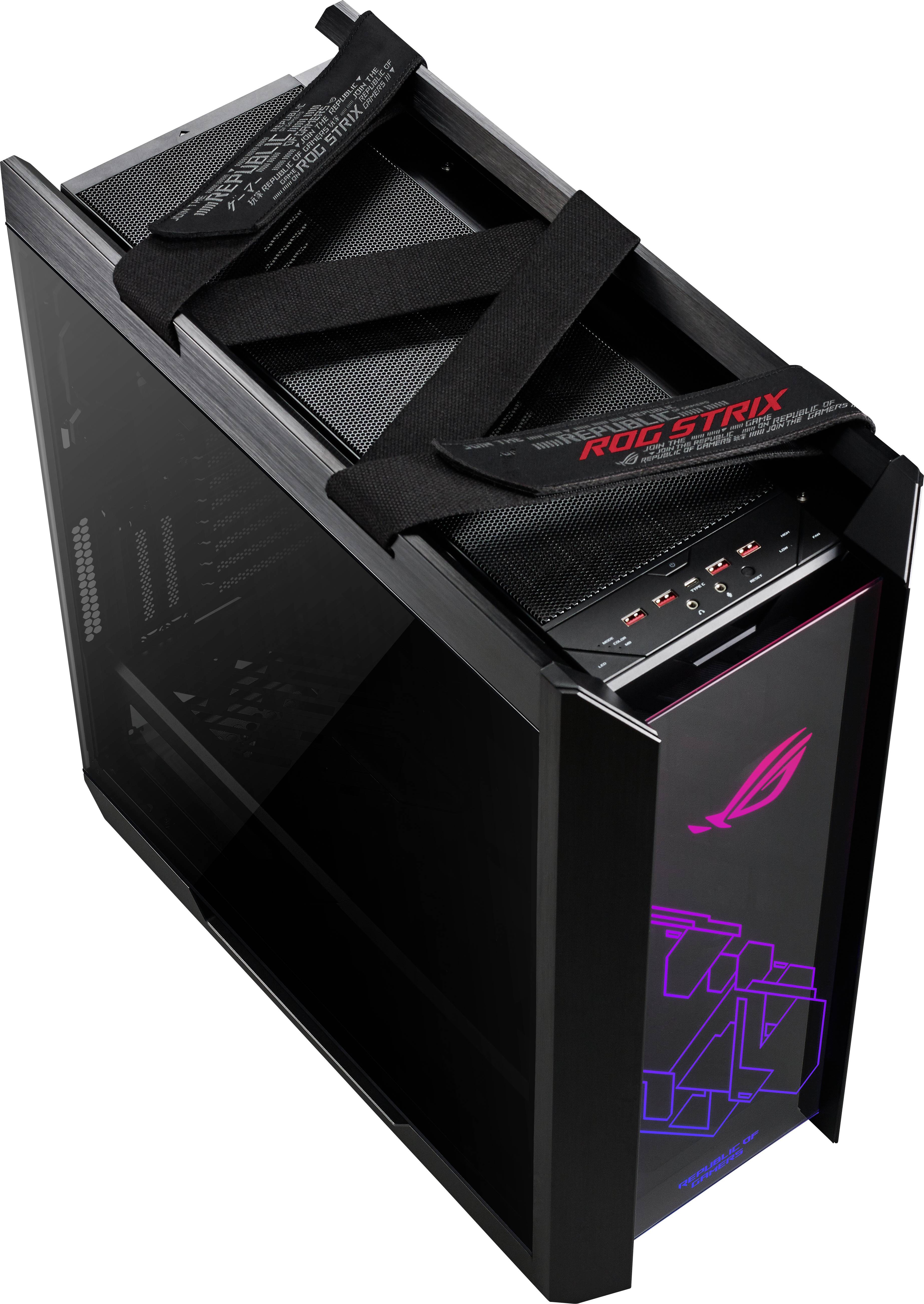 Ein Gaming-PC-Gehäuse mit RGB-Beleuchtung, transparentem Seitenteil und mehreren Lüfteröffnungen. Gaming-Marke sieht man oben.