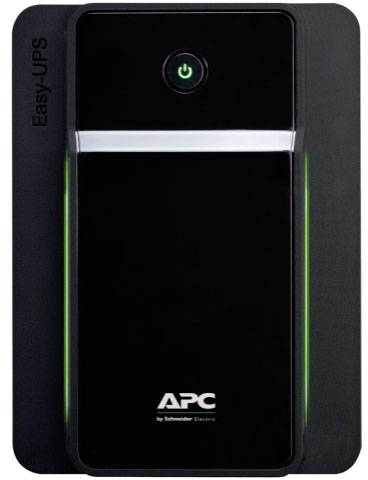 Eine schwarze USV-Einheit mit grünem Einschaltknopf an der Oberseite. Darunter das Logo 'APC by Schneider Electric'.
