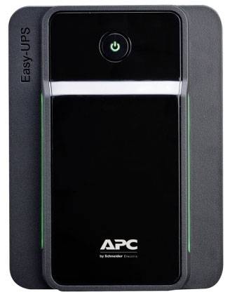Schwarze APC Easy-UPS mit grünem Licht auf der Oberseite, An/Aus-Schalter in der Mitte.