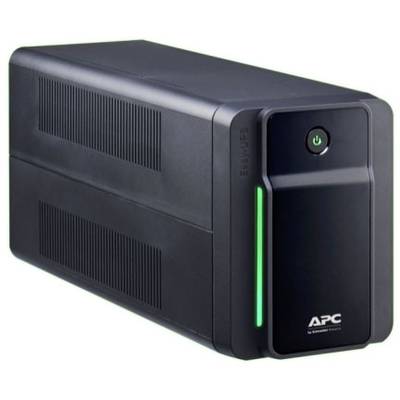 Ein schwarzes USV-Gerät mit grünem Lichtrand und einem Einschaltknopf vorne, Marke APC. Es dient zur Notstromversorgung.