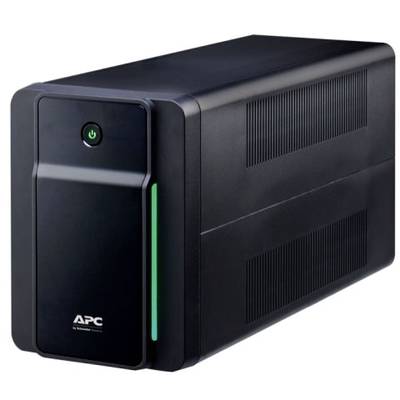 Schwarze unterbrechungsfreie Stromversorgung (USV) mit grüner Statusleuchte von APC, rechteckiges Design für Bürogeräte.