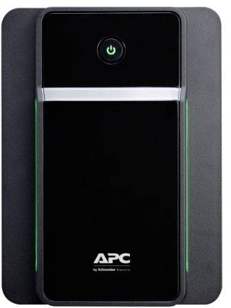 Externe USV-Batterie von APC in Schwarz mit grünem Power-Button und grün leuchtenden Streifen an den Seiten.
