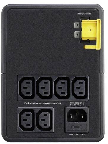 Stromanschluss mit acht Buchsen und einer gelben Batterieverbindung. Text: 'Battery Backup + Surge Protection'.
