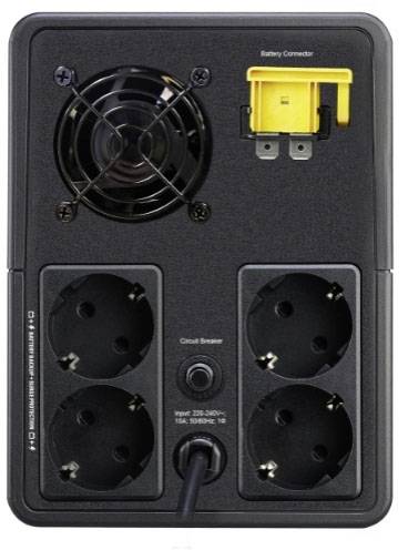 Rückseite eines USV-Systems mit vier Steckdosen, einem Lüfter, einem Kreis-Absicherungsschalter und einem Batterieanschluss.