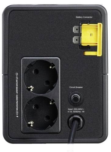 Zwei schwarze Steckdosen mit Schalter und Batterieanschluss auf einem Gerät zur Stromversorgung. Geeignet für 220-240V, 50/60Hz.