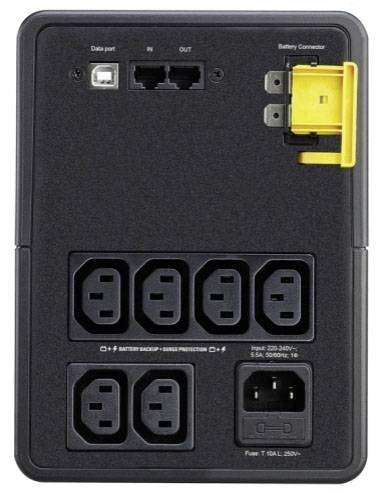 Eine USV-Einheit mit mehreren Steckdosen, Datenport, Ausgängen und einem Batterieverbindungsfach.