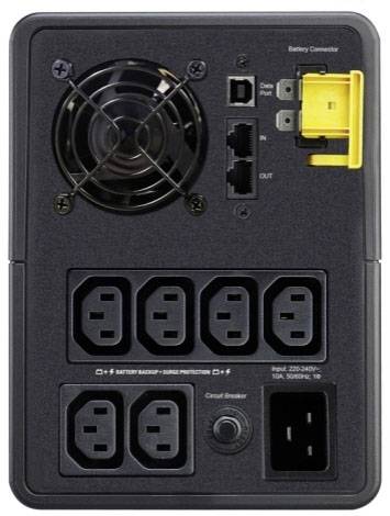 Rückseite einer USV-Einheit mit sechs Steckdosen, Lüfter, Netzwerkanschlüssen und Batteriesteckplatz.