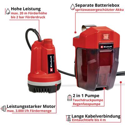 Kompakte Tauchpumpe mit hoher Leistung und max. Förderhöhe von 20 m. Getrenntes Batteriegehäuse, handlich für Regenfasspumpe.