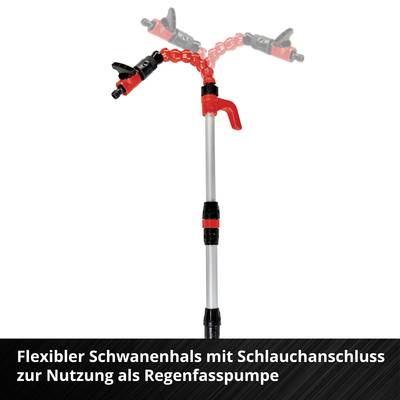 'Flexibler Schwanenhals mit Schlauchanschluss zur Nutzung als Regenfasspumpe' zeigt ein verstellbares Pumpenzubehör mit rot-schwarzem Design.