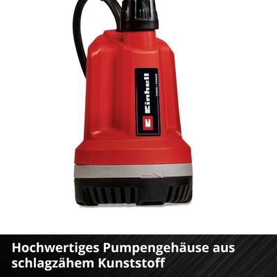 Eine rote Pumpe mit schwarzem Griff und dem Aufdruck 'Einhell'. Text unten: 'Hochwertiges Pumpengehäuse aus schlagzähem Kunststoff'.