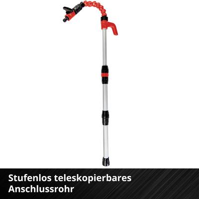 'Stufenlos teleskopierbares Anschlussrohr, rot und silbern, mit verstellbarem Griff, geeignet für verschiedene Anschlussvorrichtungen.'