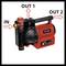 Rote Wasserpumpe mit drei Pfeilen: 'IN' zeigt auf den Eingang, 'OUT 1' und 'OUT 2' zeigen auf die Ausgänge.