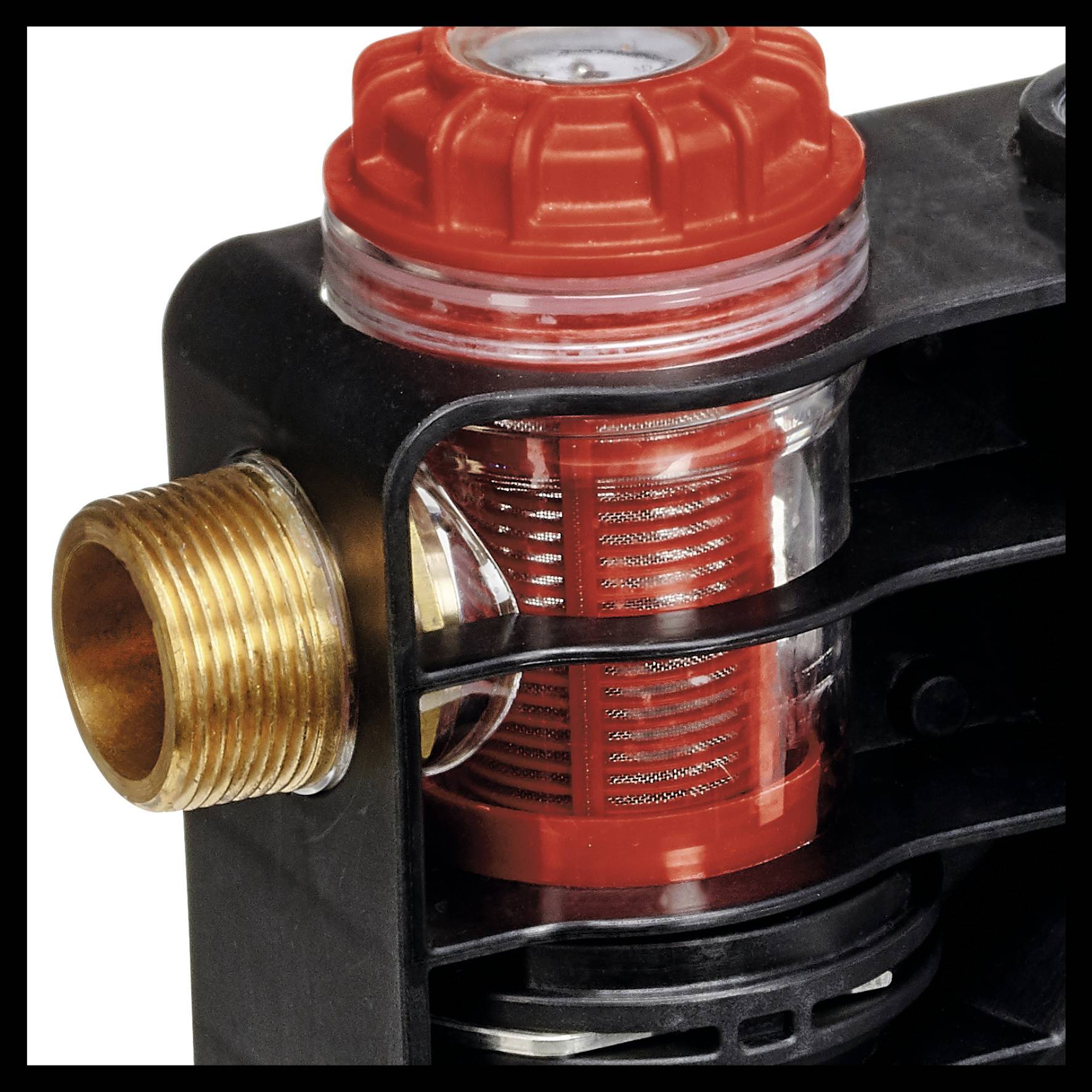 Ein grobes Messing-Schraubgewinde verbindet sich mit einem Kunststoffgehäuse, das ein feinmaschiges Filterelement und ein rotes Kappenventil enthält.