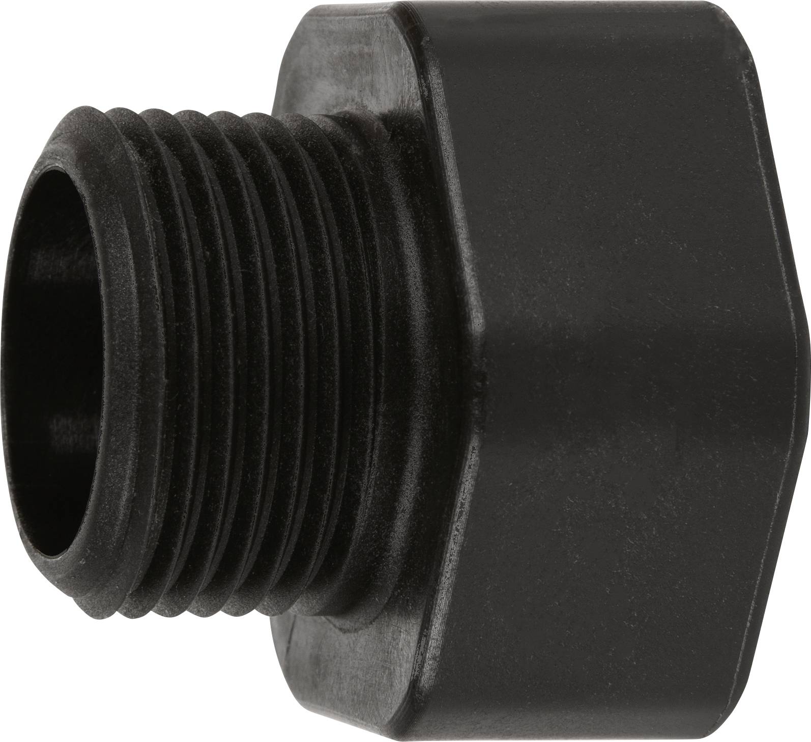 Schwarzer Kunststoffadapter mit Außengewinde auf einer Seite, hexagonaler Griff auf der anderen Seite, verwendet für Rohrverbindungen.