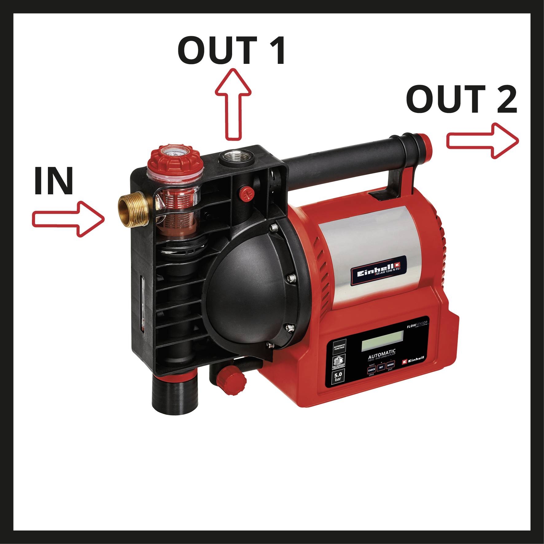 Eine rote Wasserpumpe mit Markenlogo. Drei Anschlüsse sind beschriftet: 'IN' (links), 'OUT 1' (oben) und 'OUT 2' (rechts).