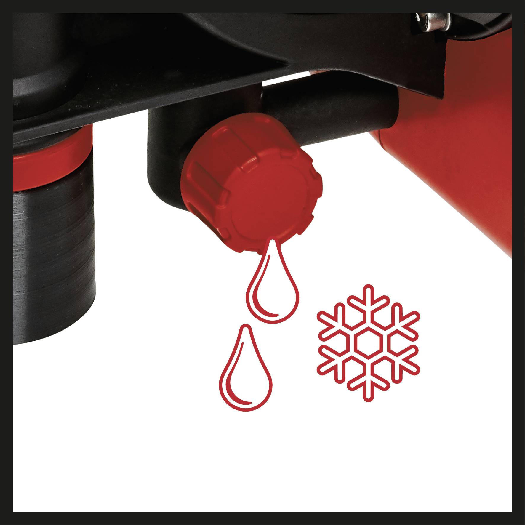 Ein rotes Ventil mit Wassersymbolen und einem Schneeflockensymbol, vermutlich als Hinweis auf eine Frostschutzfunktion.