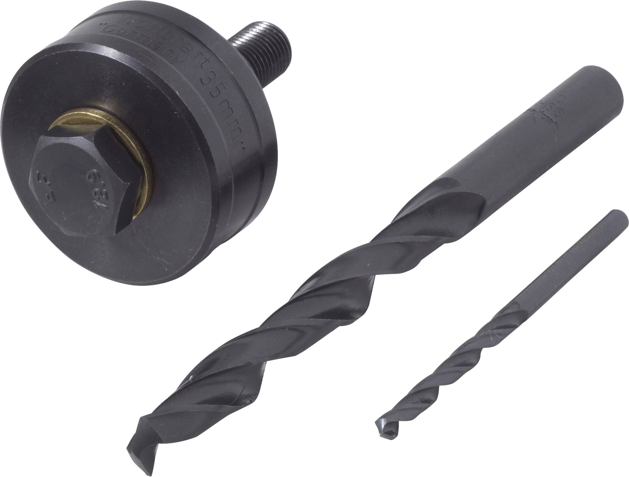'Bohrkrone und zwei Bohrer: ein großer mit schwarzer Metallspirale und ein kleiner; Zubehör für Bohrarbeiten in verschiedenen Materialien.'