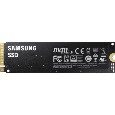 Eine schwarze M.2 SSD von Samsung mit goldenen Kontakten, Logos, und technischen Spezifikationen aufgedruckt.