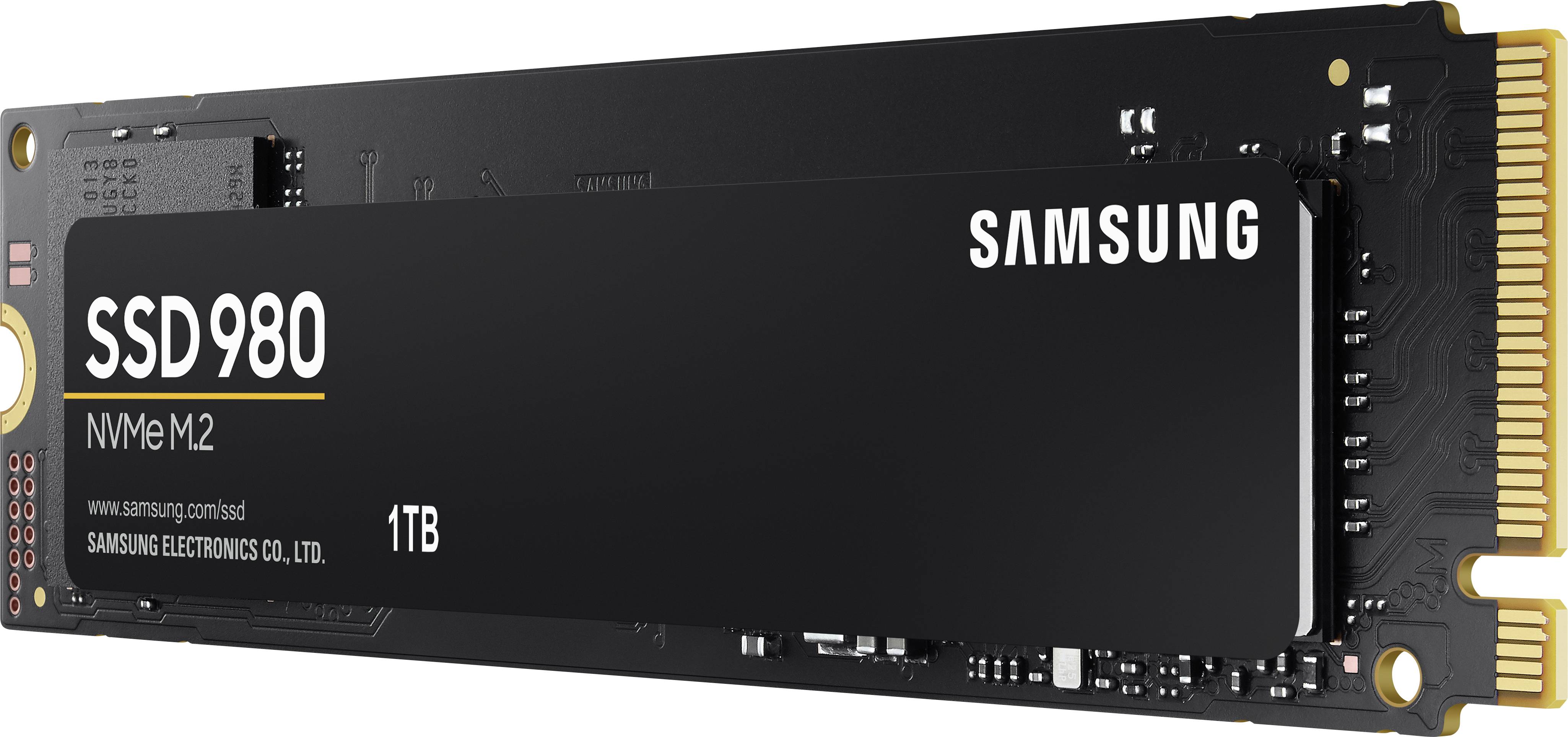 Bild eines Samsung SSD 980 NVMe M.2 Speichermoduls mit 1 TB Kapazität, Produktname und Spezifikationen sind sichtbar.