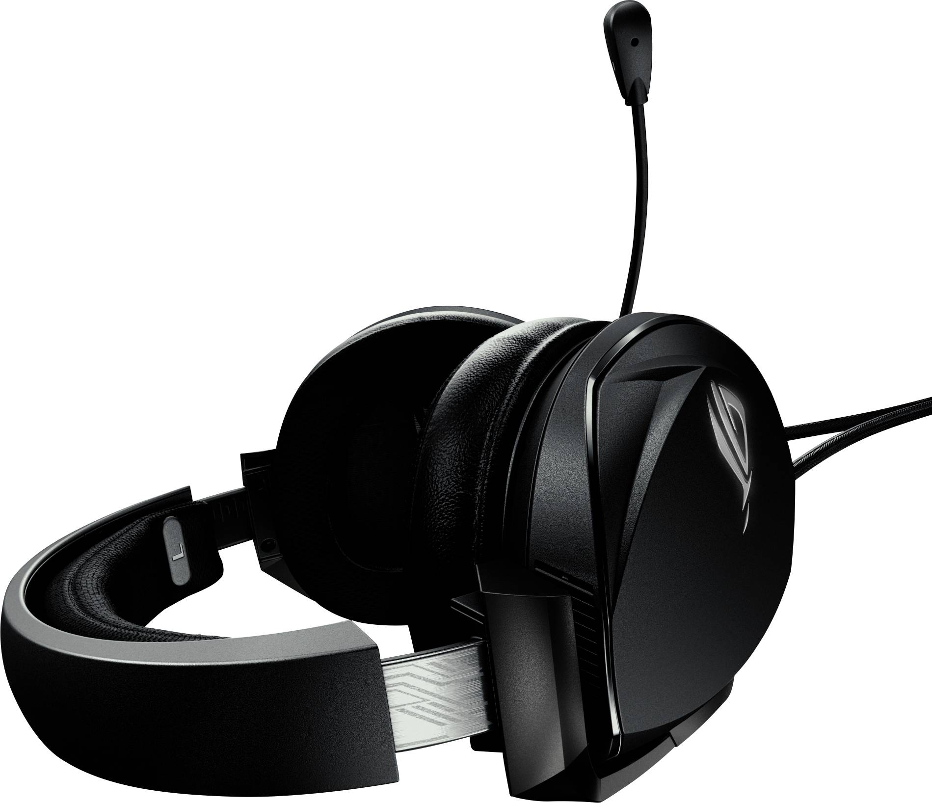 Schwarzes Gaming-Headset mit Mikrofon, umgeben von weichen Ohrpolstern und einem verstellbaren Kopfbügel.