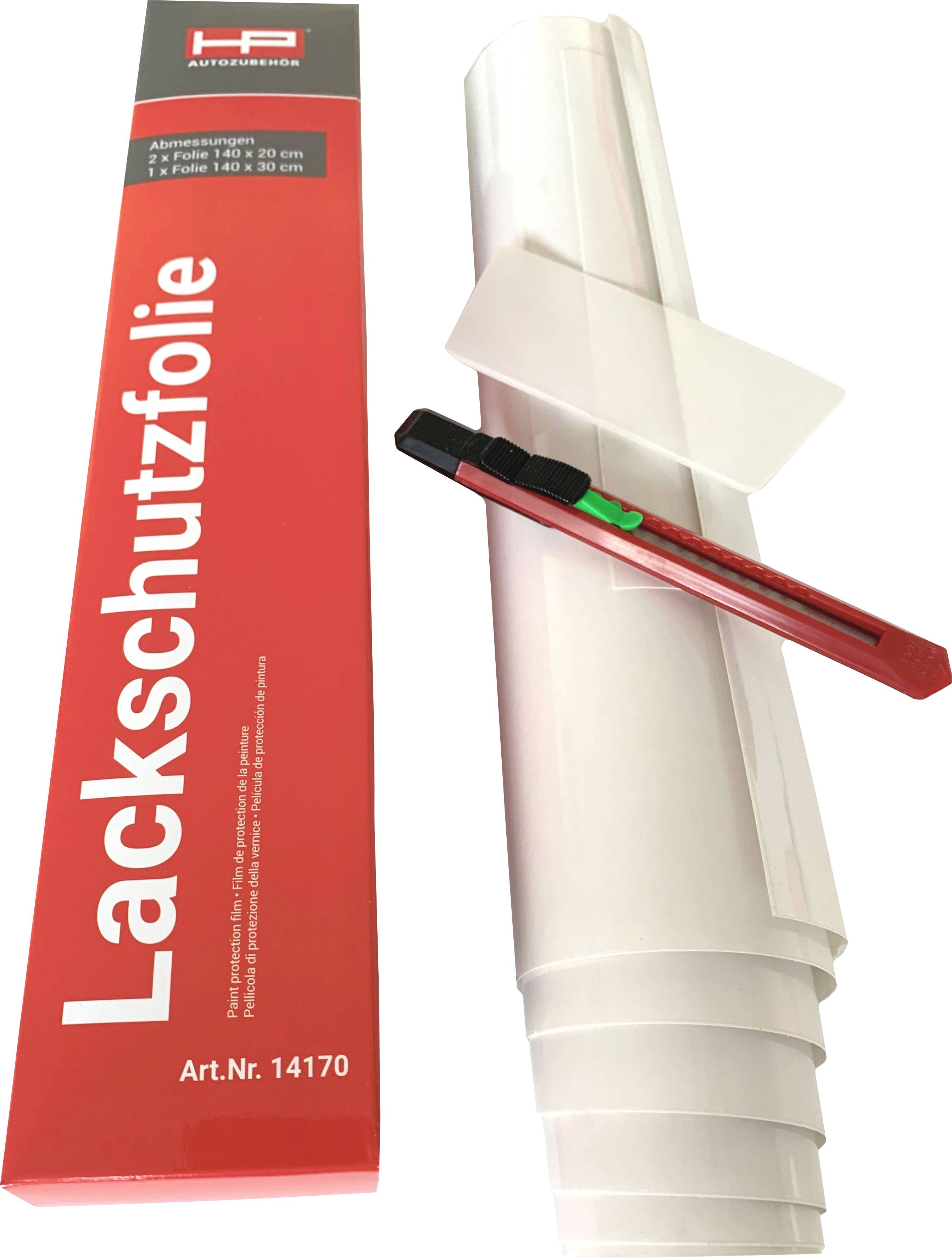 Rote Verpackung mit Aufschrift 'Lackschutzfolie', beinhaltet weiße Schutzfolie. Daneben ein rotes Teppichmesser.