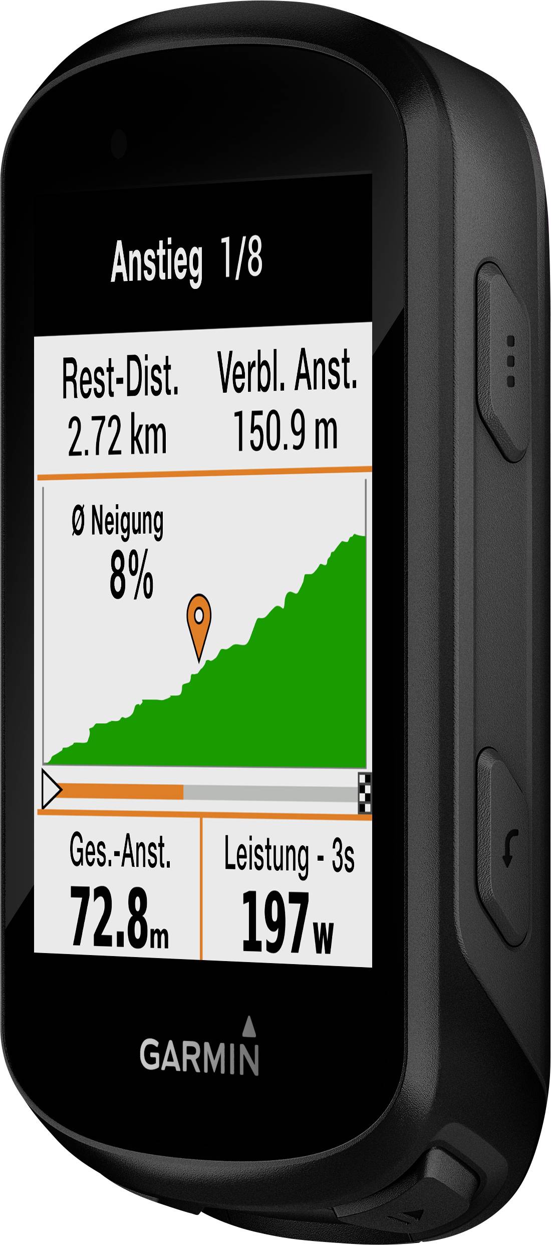 Fahrradcomputer zeigt aktuelle Steigung von 8%, Reststrecke 2,72 km, verbleibender Anstieg 150,9 m, Gesamtanstieg 72,8 m, Leistung 197 W.