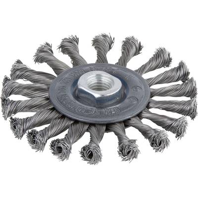 Stahl-Drahtbürste mit vielen verdrillten Drähten und zentralem Gewinde, geeignet zum Entfernen von Rost oder Farbe von Metalloberflächen.
