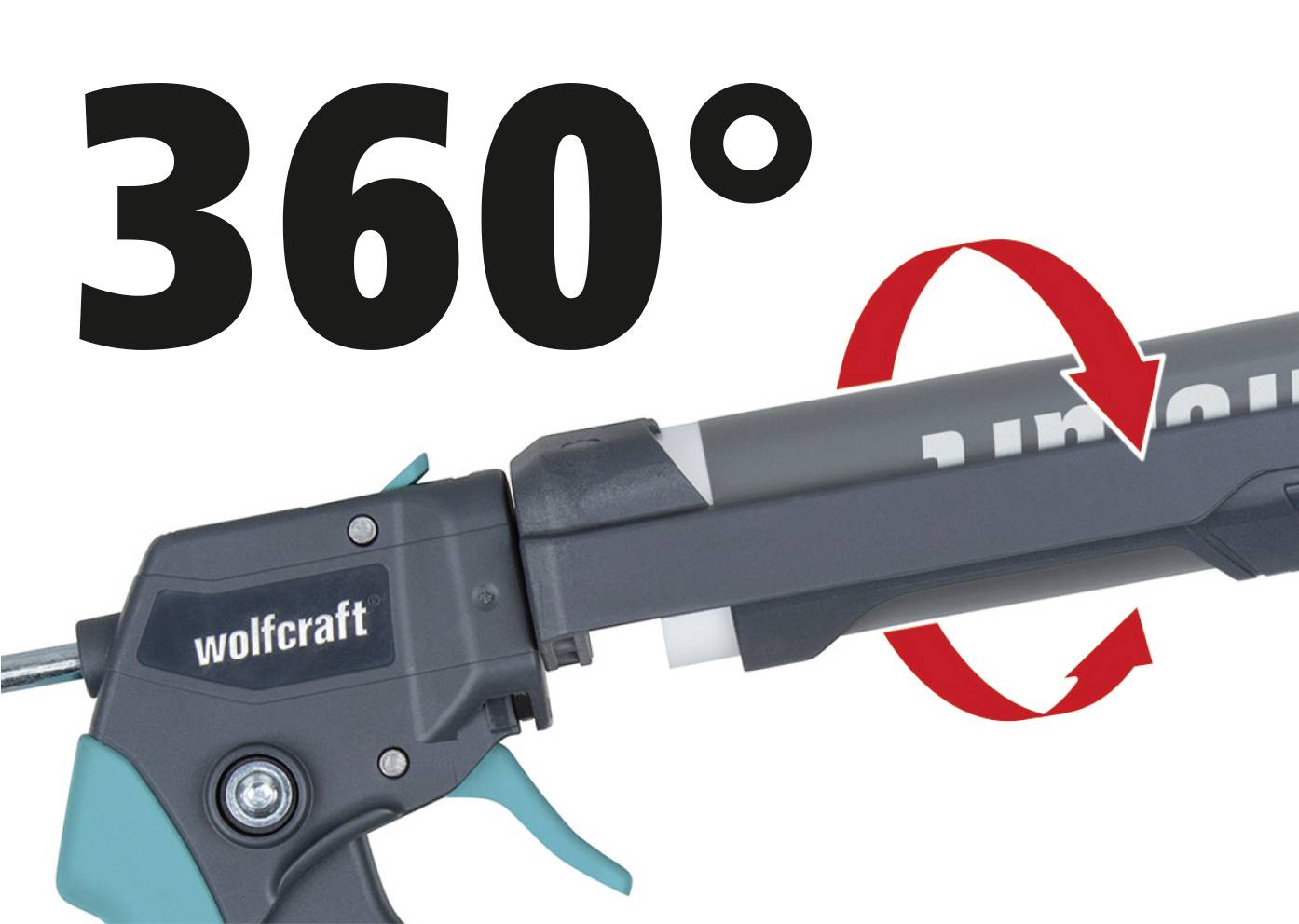 Eine Kartuschenpistole mit Aufschrift 'wolfcraft', dreht sich um 360 Grad. Ein roter Pfeil zeigt die Rotationsbewegung an.