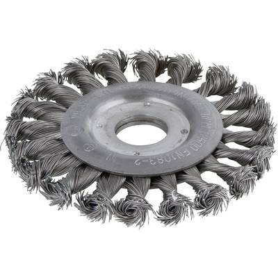 Eine runde Drahtbürste mit einem metallischen Zentrum und spiralförmig angeordneten Borsten, geeignet zum Schleifen oder Reinigen von Oberflächen.