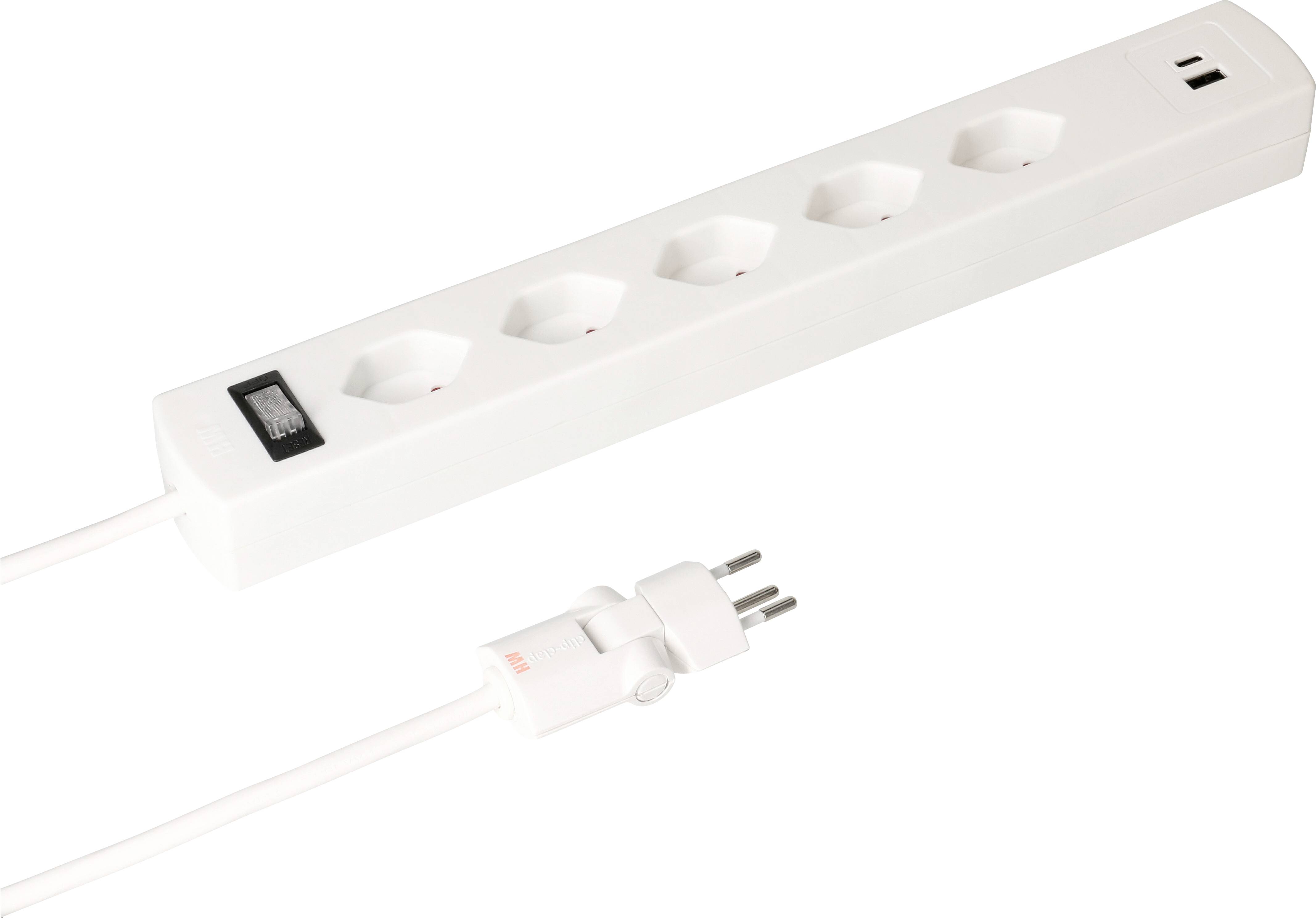 Mehrfachsteckdosenleiste mit fünf Steckplätzen und einem Ein-/Ausschalter, verbunden mit einem Eurostecker.