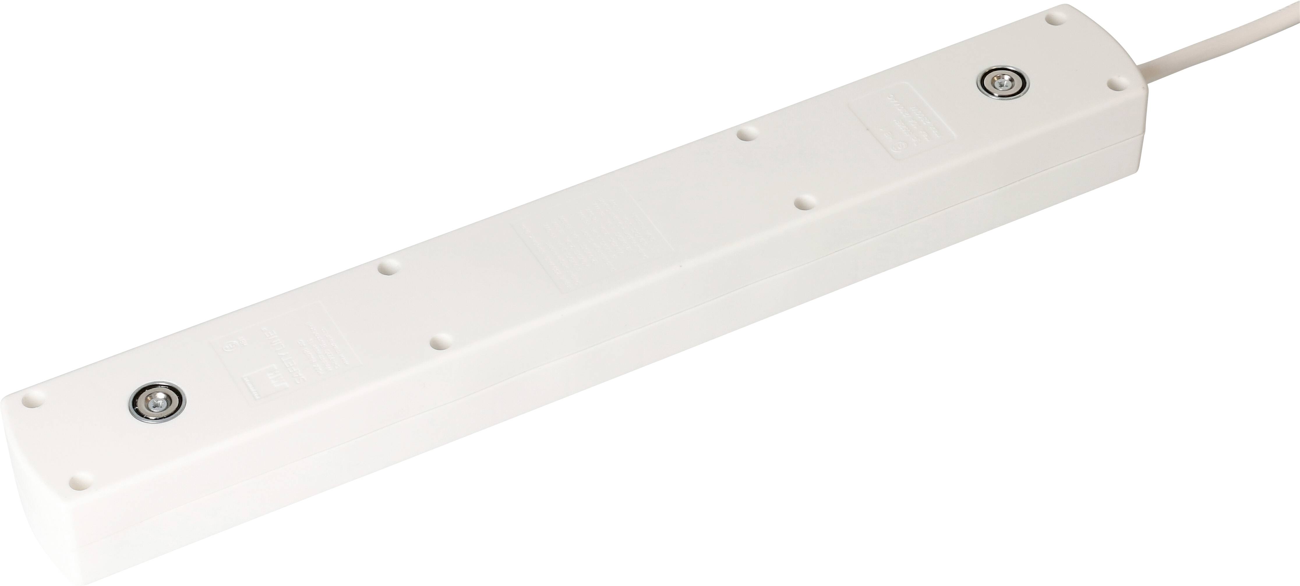 Weiße Mehrfachsteckdose mit Kabel.