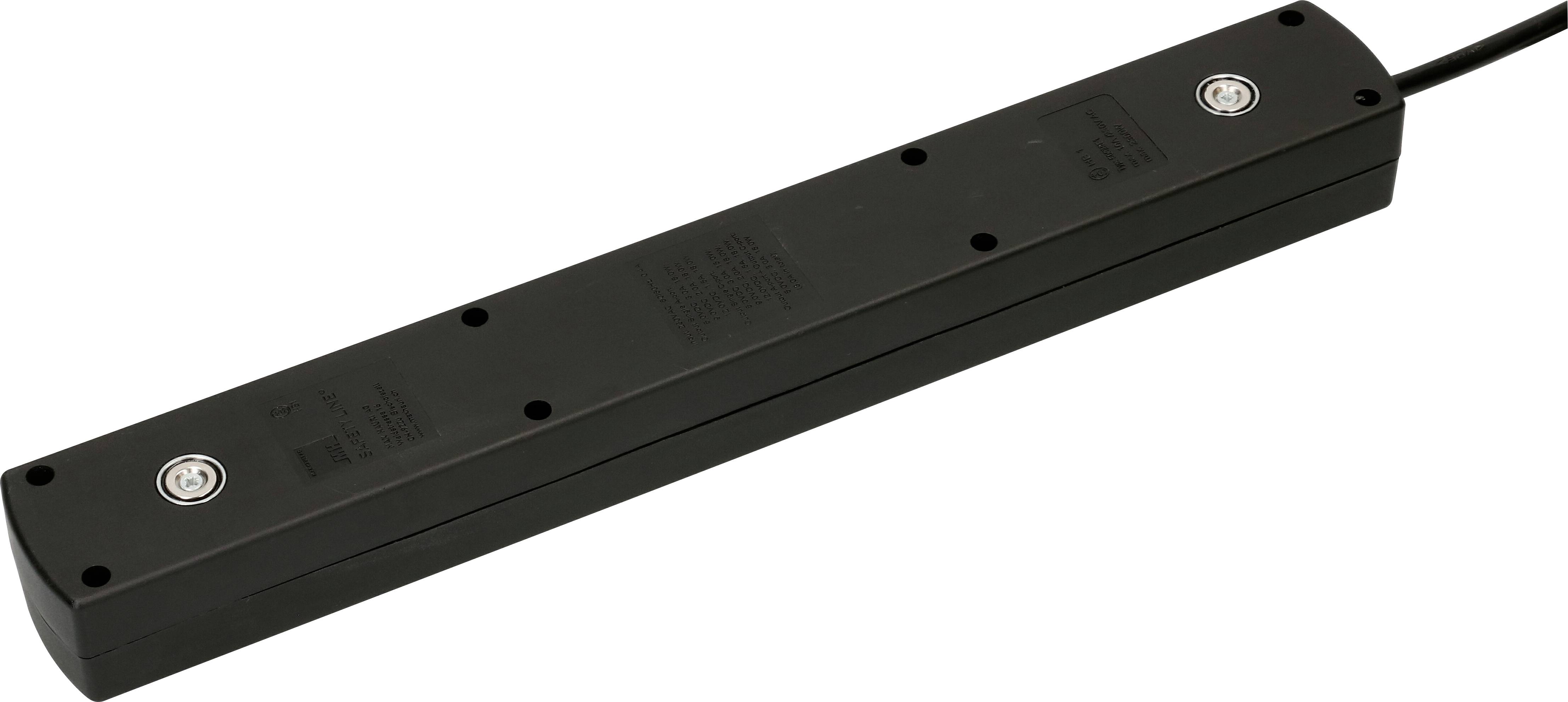 Ein schwarzes, langes elektrisches Bauteil mit mehreren Schrauben, das möglicherweise als Sensor oder Verbindungsmodul dient.