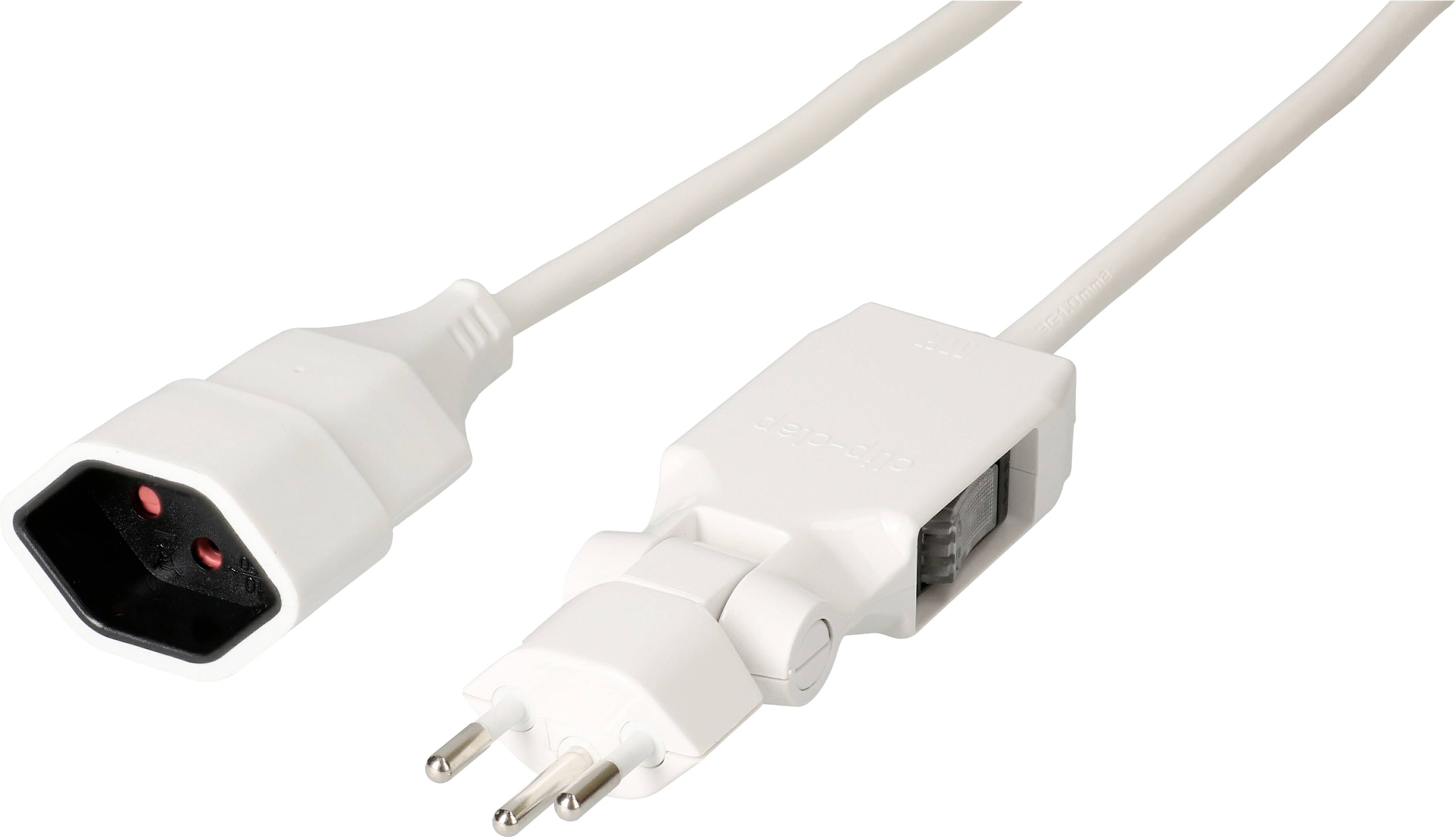Ein weißes Netzkabel mit einem männlichen und einem weiblichen Steckverbinder, verwendet für elektronische Geräteanschlüsse.