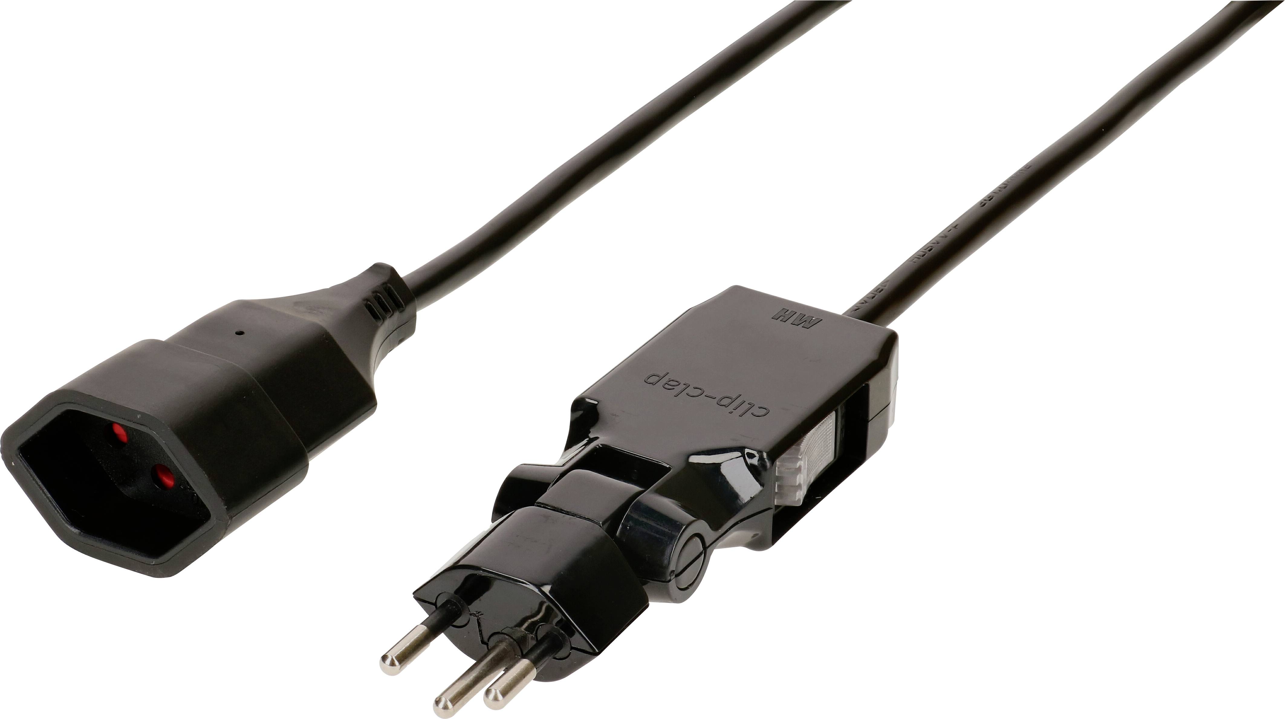'Schwarzes Stromkabel mit Eurostecker und IEC C13 Buchse, verwendet zum Anschließen von elektrischen Geräten an die Stromquelle.'