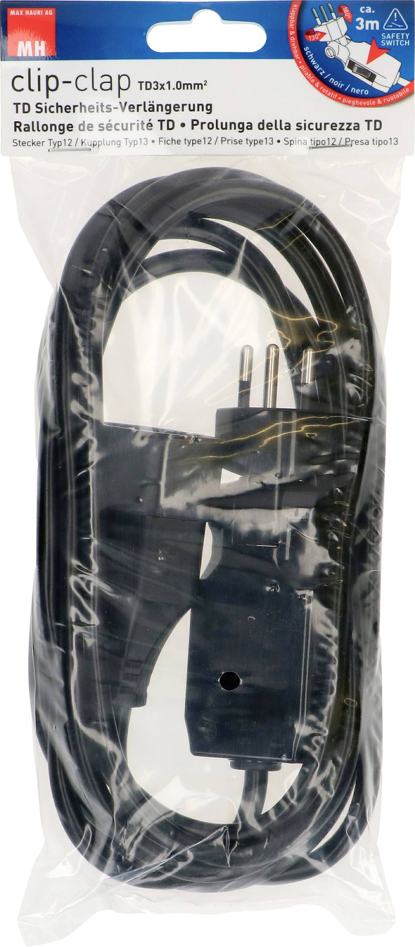 Verpackung eines schwarzen Verlängerungskabels mit Schuko-Stecker, geeignet für hohe Sicherheit. Text auf der Verpackung: 'clip-clap'.