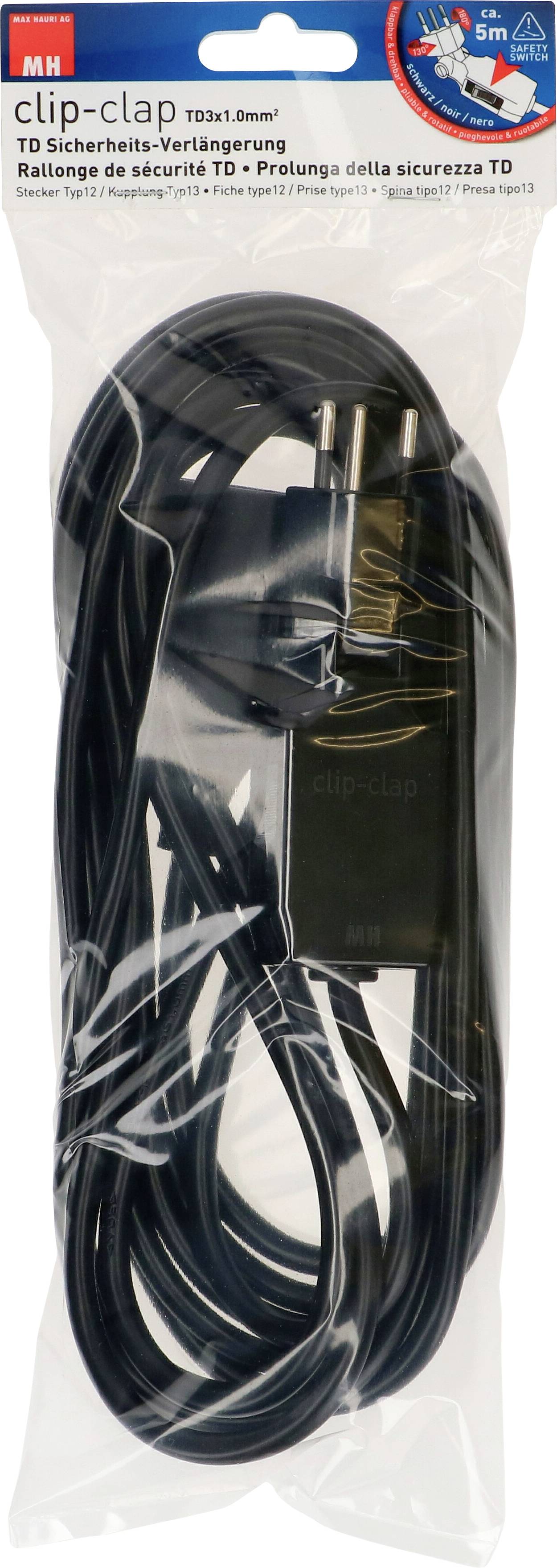 Langes, schwarzes Stromverlängerungskabel in Verpackung, gekennzeichnet als 'TD Sicherheits-Verlängerung' mit deutscher und mehrsprachiger Beschriftung.
