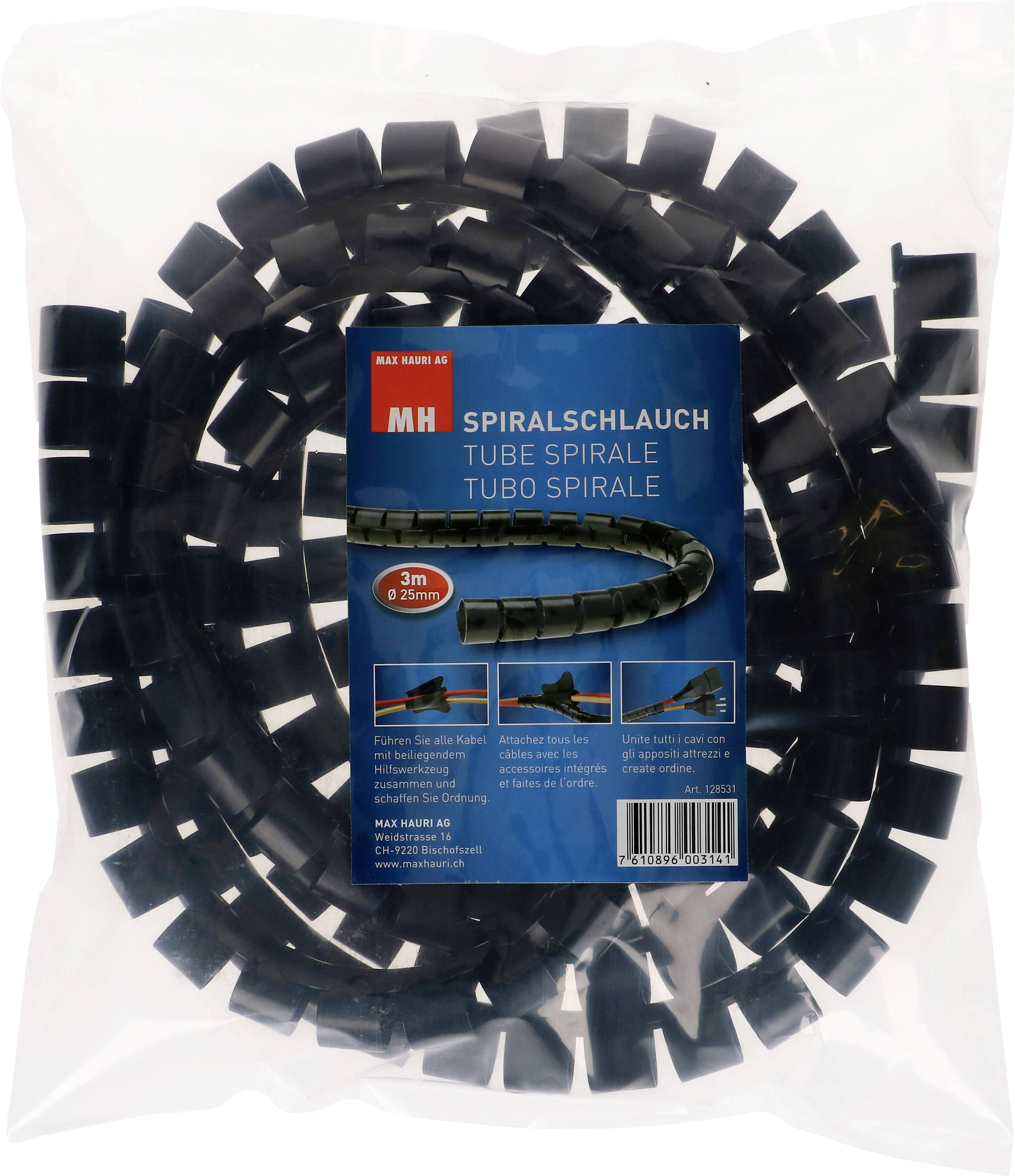'Spiralschlauch' in schwarzer Farbe, Länge 3m, Durchmesser 8-25mm, verpackt in transparentem Plastikbeutel mit Etikett des Herstellers.