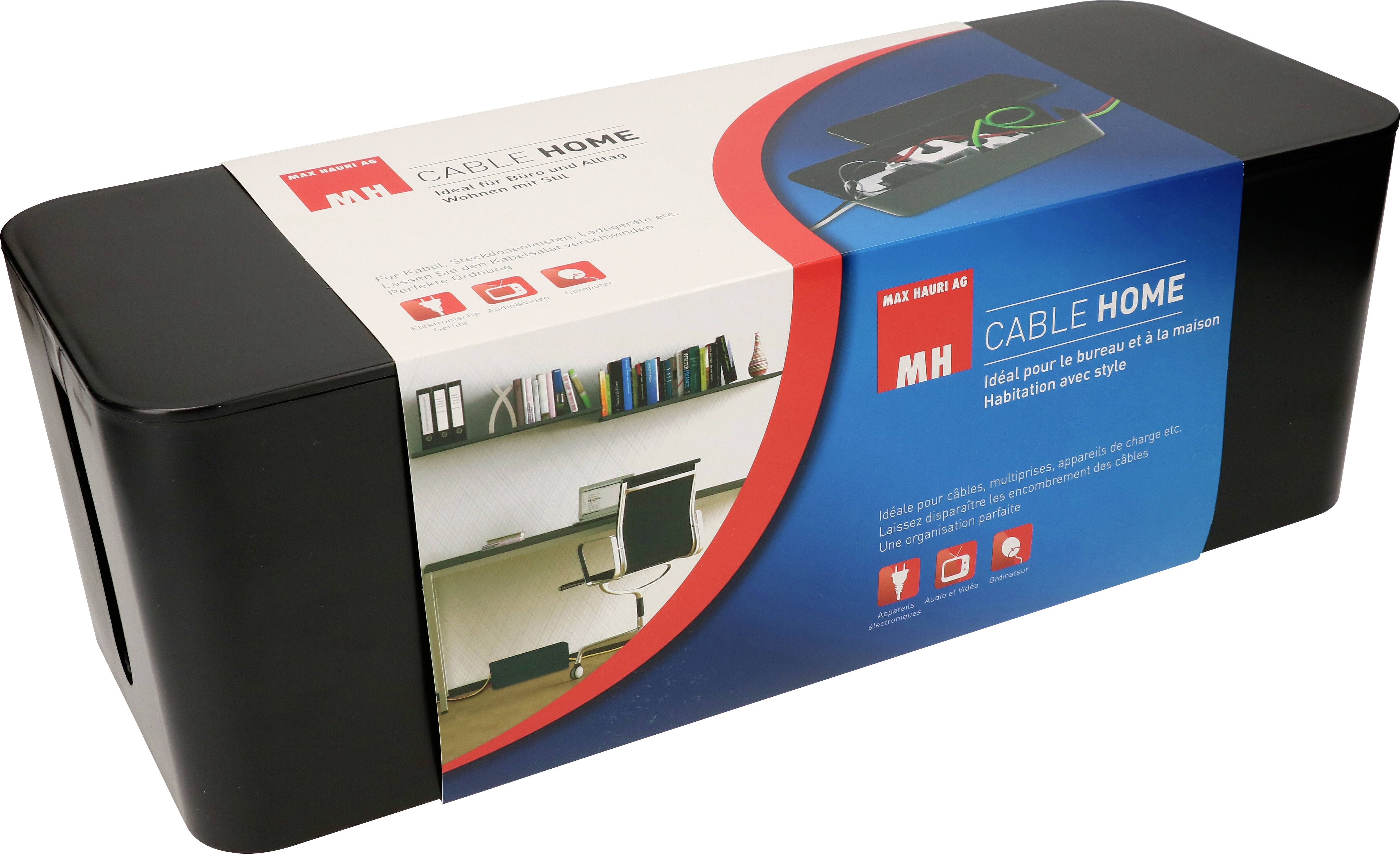 'MH Cable Home' Kabelmanagement-Box, schwarz, seitlich abgebildet mit Verpackung, zeigt Anleitungen und Symbole für Heimgebrauch.