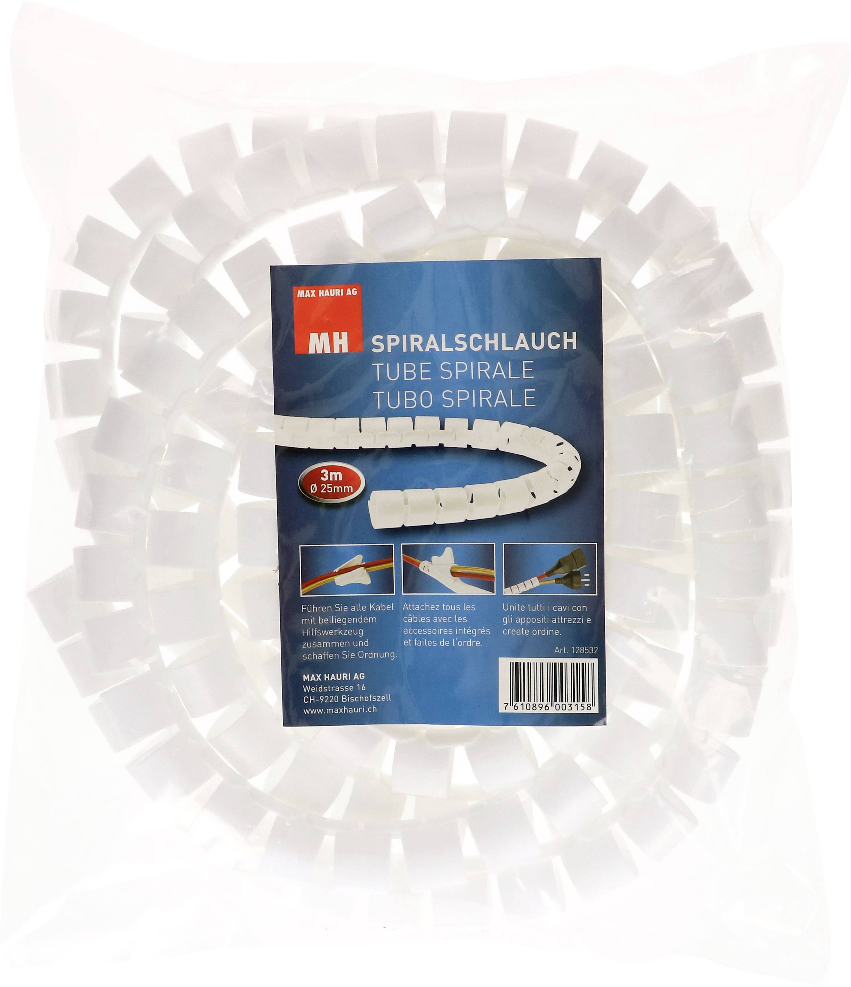 Plastikverpackung mit weißem Spiralschlauch, Länge 3 m und Durchmesser 21 mm, geeignet zum Bündeln von Kabeln.