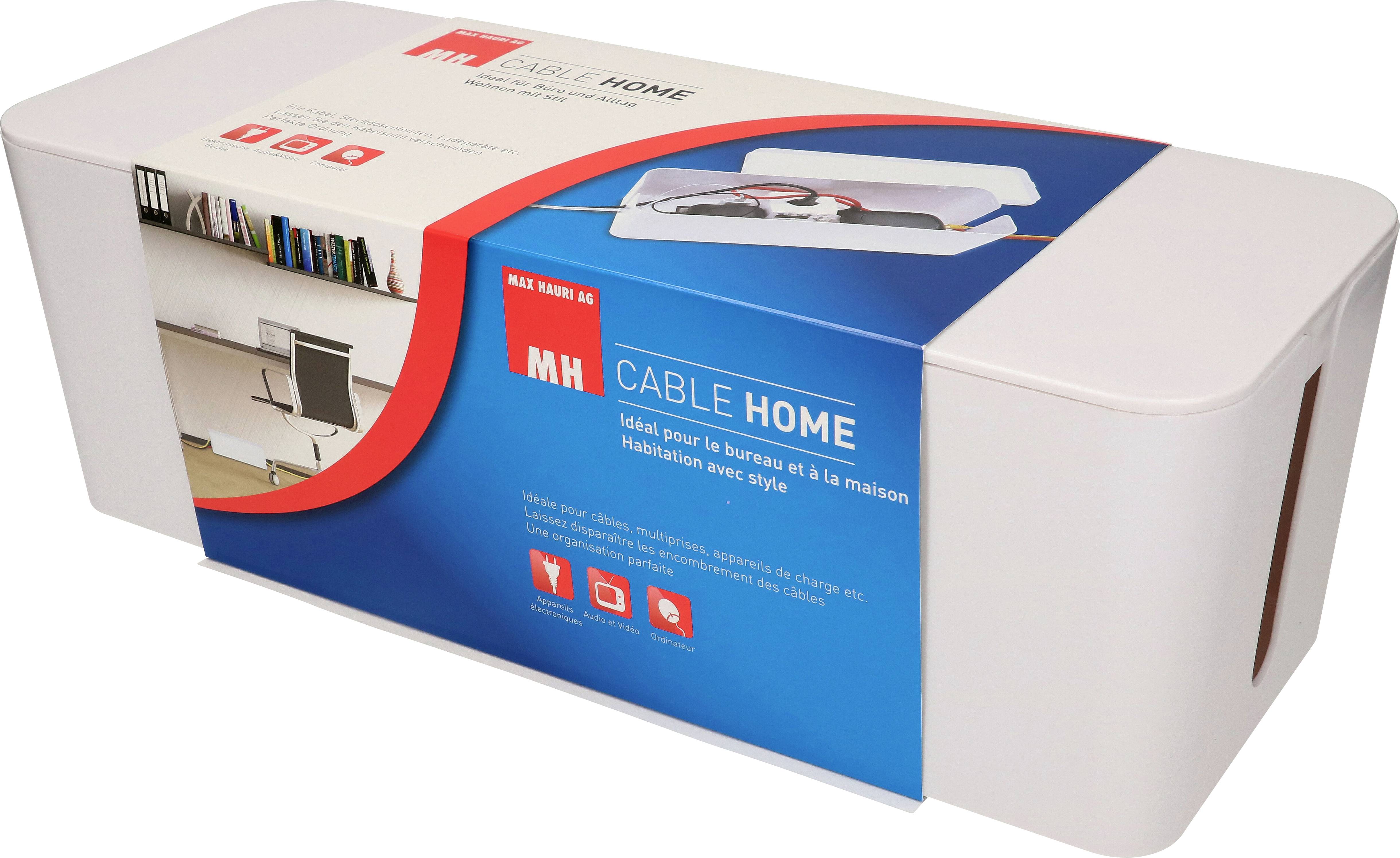 Verpackung einer Kabelbox mit der Aufschrift 'Cable Home'. Abbildung zeigt die Nutzung zur ordentlichen Aufbewahrung von Kabeln.
