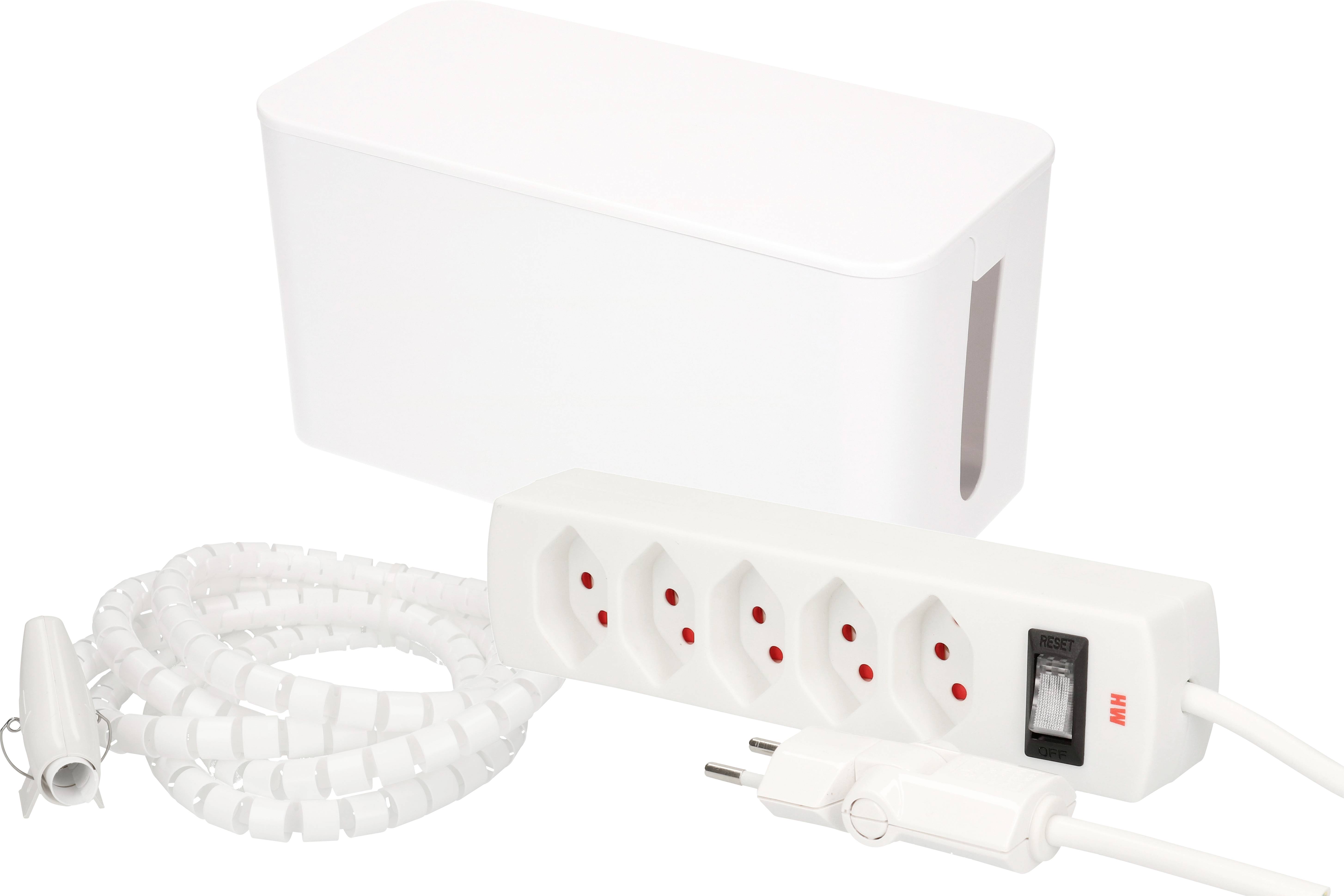 Weiße Kabelbox mit transparentem Fenster, sechsfach Steckdosenleiste mit Schalter, und umwickeltes Kabel in Spiralform.