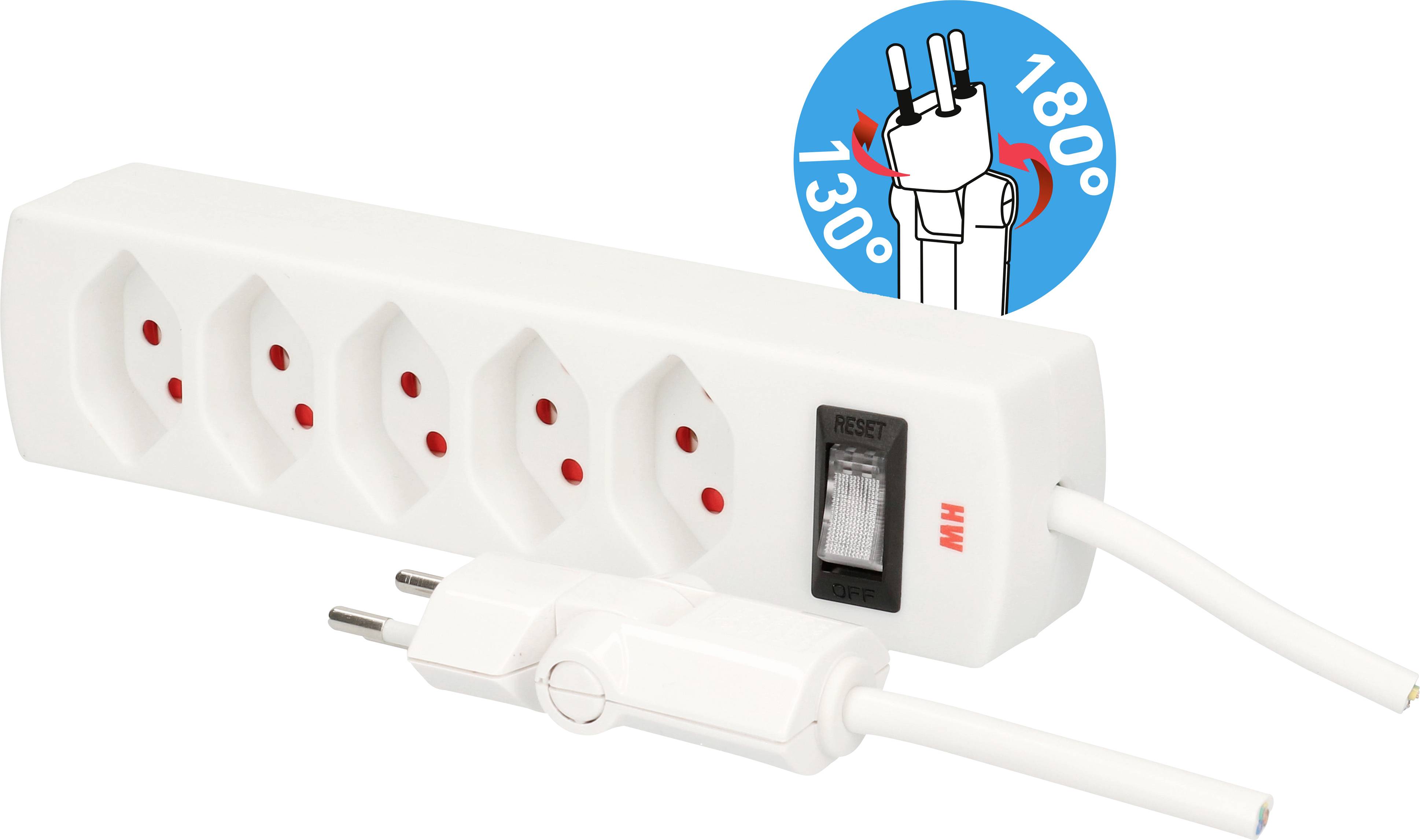 Mehrfachsteckdose mit fünf Steckplätzen und Ein-/Ausschalter. Der Stecker ist um 130° oder 180° schwenkbar für flexiblen Gebrauch.